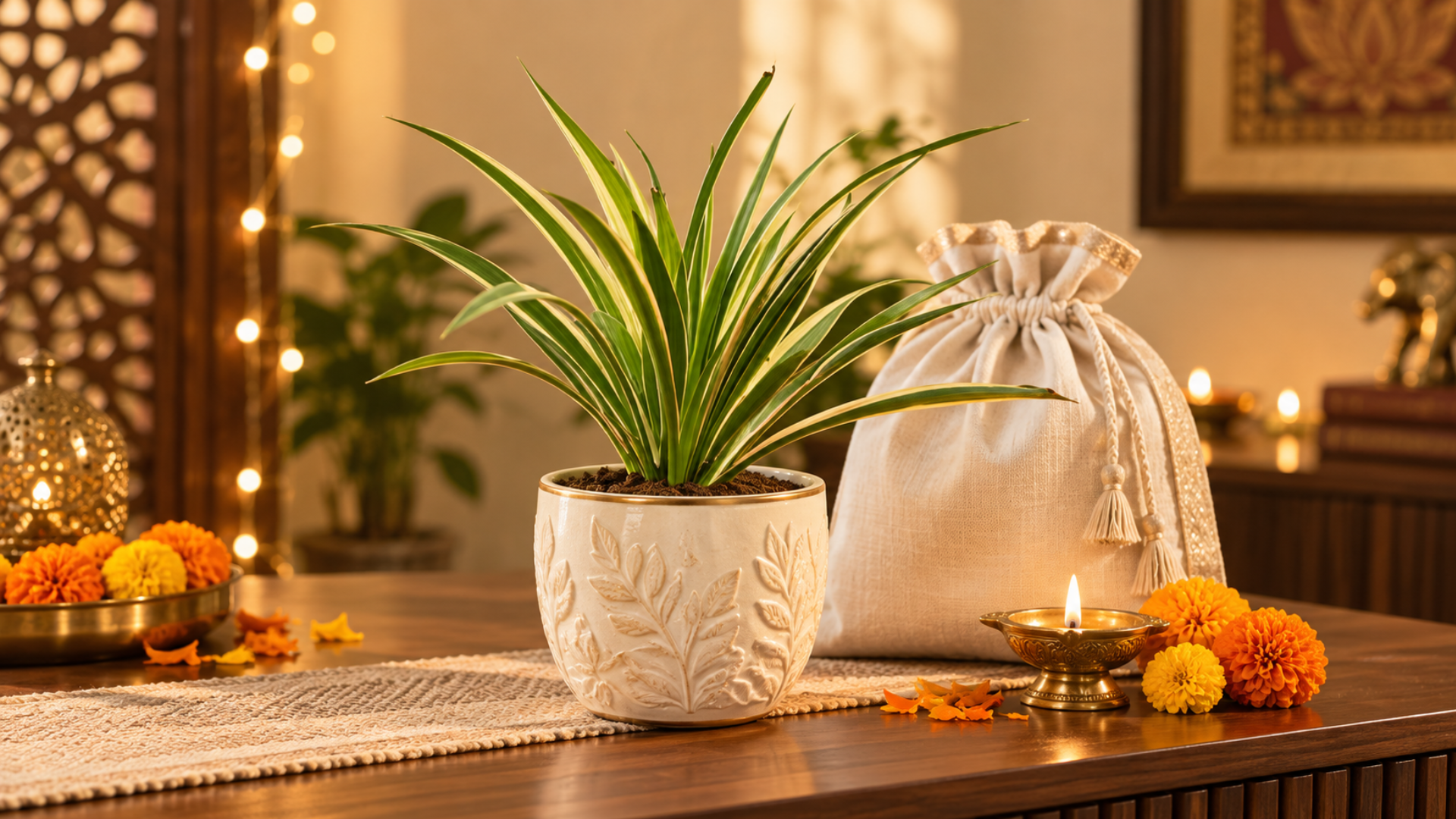 Spider Plant in a white ceramic pot with a gift bag